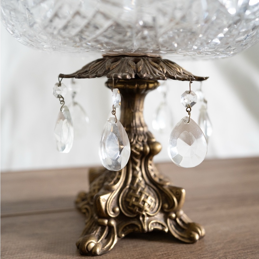 Vintage Crystal Glass Bowl with Ornate Brass Pedestal Base - Picture 3 of 4